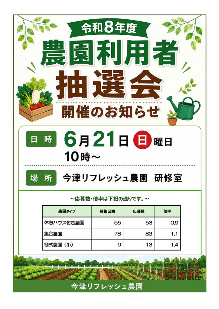 令和8年度 農園利用者抽選会開催のお知らせ　6月21日日曜日10時より開催

場所：今津リフレッシュ農園 研修室

応募数・倍率