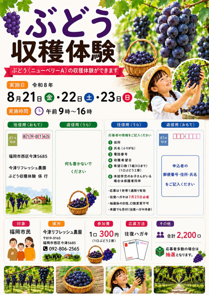 ぶどう収穫体験チラシ、令和8年8月21日、22日、23日